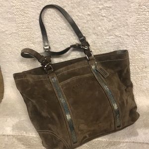 Coach tote, brown suede with silver accents